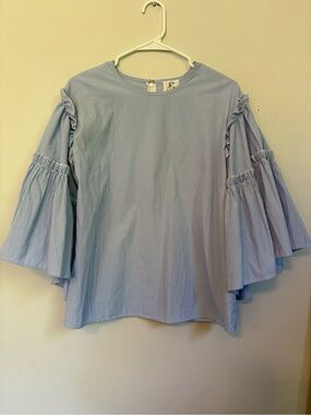 dRA Los Angeles Blue White Stripe Bell Sleeve Ruffle Blouse Boho Top Size XS EUC